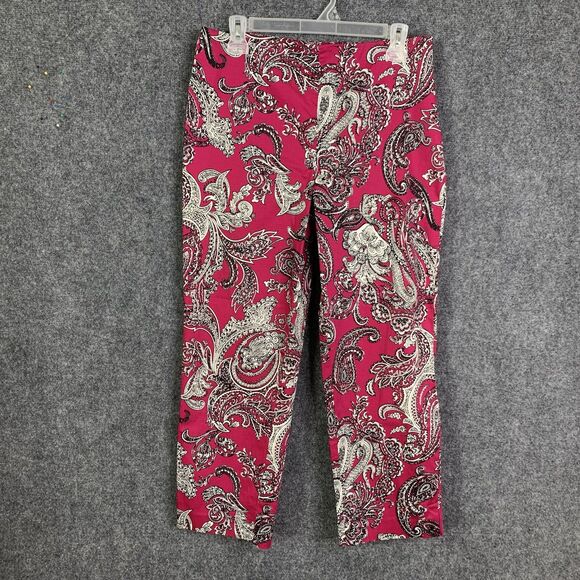 Talbots Paisley Print Ankle Pants Multicolor Size 8 Side Zipper Maroon w/ White - Picture 1 of 10